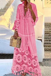 V-Neck Patchwork Floor-Length Nine Points Sleeve Summer Women's Dress